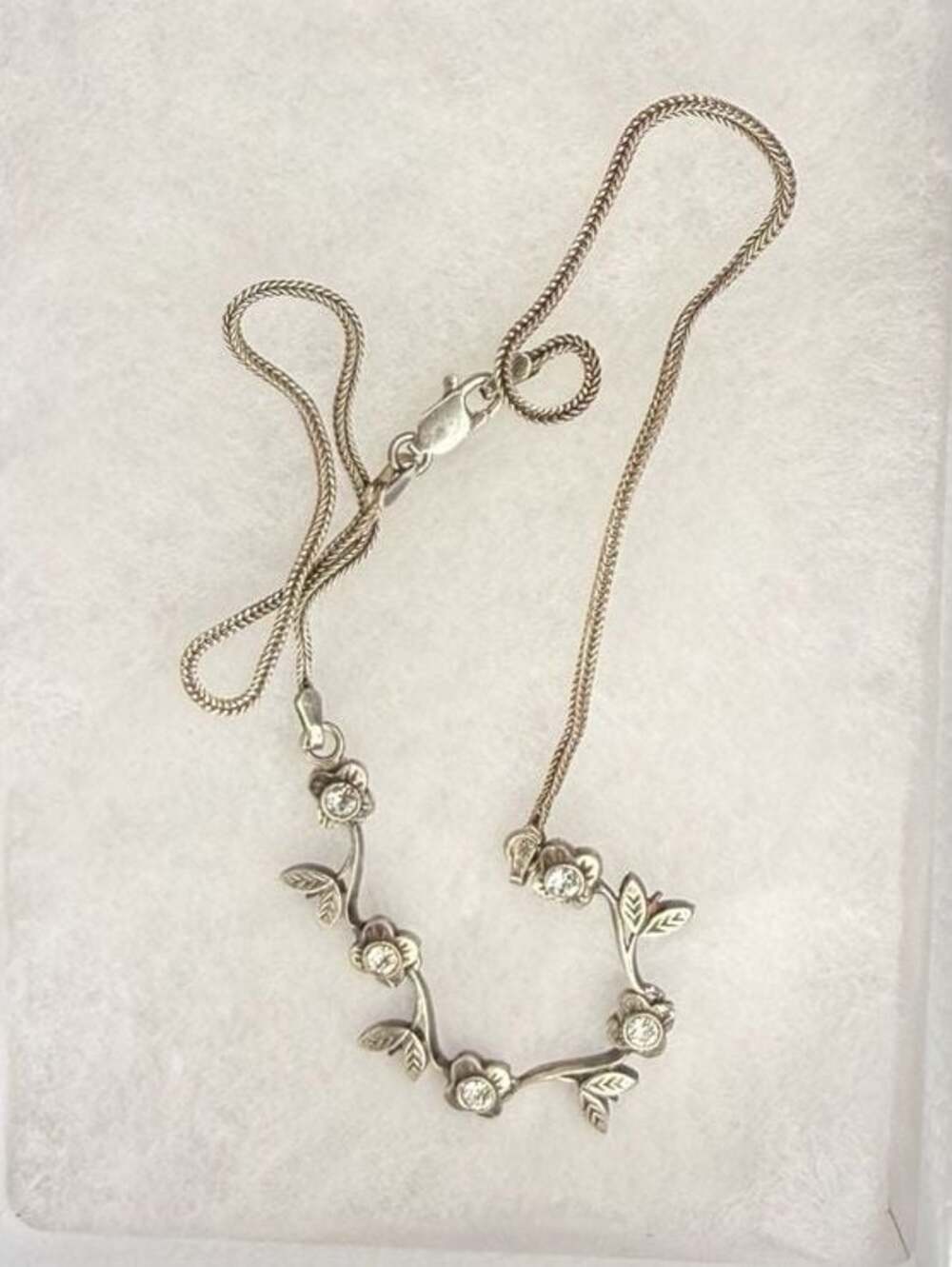 Vintage Sterling Silver 925 Floral Vine Necklace with Rhinestones